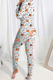Colour Casual Print Split Joint Buttons V Neck Skinny Jumpsuits