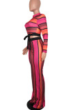 Red Casual Striped Print Split Joint O Neck Long Sleeve Two Pieces