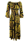 Khaki Elegant Print Patchwork Off the Shoulder A Line Dresses