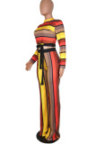 Yellow Casual Striped Print Split Joint O Neck Long Sleeve Two Pieces