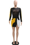 Black Sexy Solid Patchwork See-through Zipper O Neck One Step Skirt Dresses