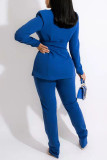 Blue Casual Work Solid Split Joint Turn-back Collar Long Sleeve Two Pieces
