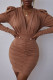 Khaki Fashion Sexy Solid Fold V Neck Long Sleeve Dresses