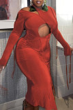 Orange Fashion Sexy Solid Hollowed Out Asymmetrical O Neck Long Sleeve Dresses