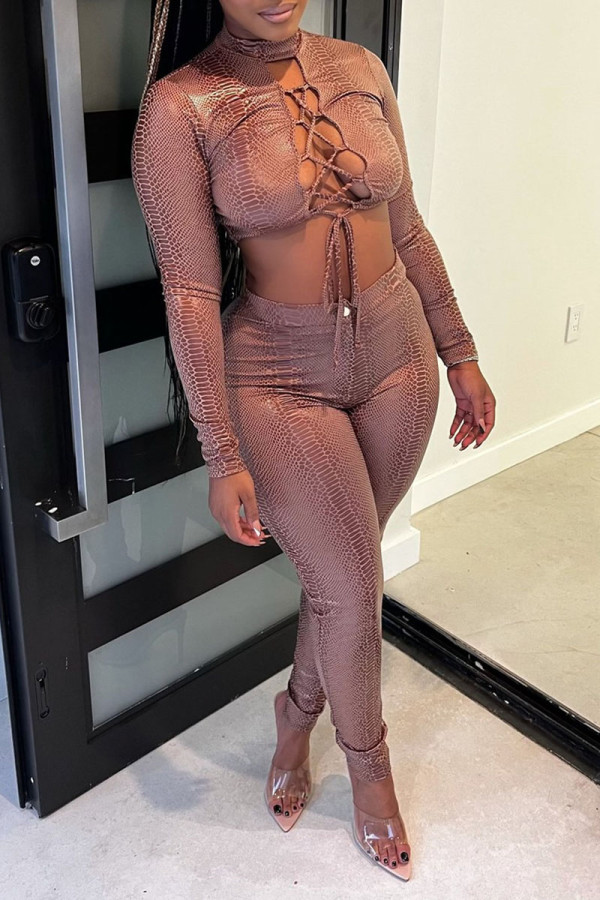 Brown Sexy Print Bandage Hollowed Out Patchwork Half A Turtleneck Long Sleeve Two Pieces