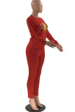 Red Casual Print Patchwork O Neck Long Sleeve Two Pieces