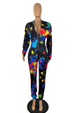 Multicolor Fashion Casual Print Zipper Hooded Collar Long Sleeve Two Pieces