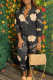 Black Fashion Street Print Patchwork Letter Turndown Collar Long Sleeve Two Pieces
