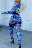 Blue Fashion Casual Print Basic O Neck Long Sleeve Skinny Jumpsuits (Without Belt)