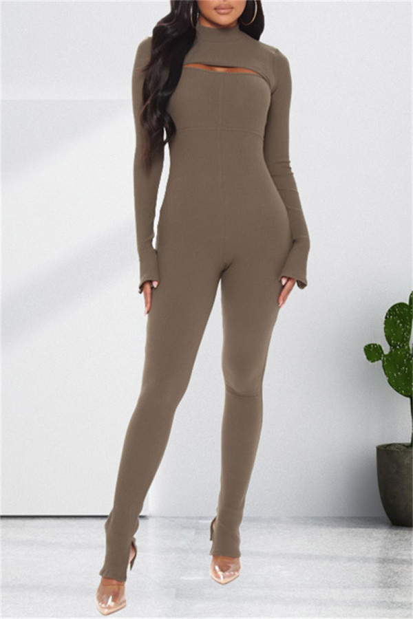 Light Coffee Fashion Casual Solid Hollowed Out Turtleneck Long Sleeve Two Pieces
