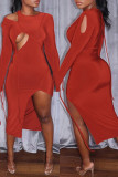 Orange Fashion Sexy Solid Hollowed Out Asymmetrical O Neck Long Sleeve Dresses