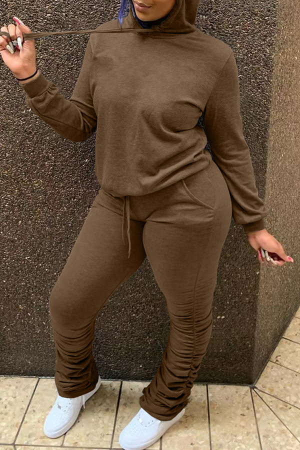 Brown Fashion Casual Solid Fold Hooded Collar Long Sleeve Two Pieces