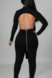 Black Sexy Solid Patchwork Chains Backless O Neck Long Sleeve Two Pieces