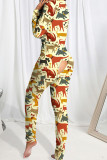Red Casual Print Split Joint Buttons V Neck Skinny Jumpsuits