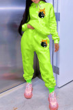Fluorescent Green Casual Print Patchwork Hooded Collar Long Sleeve Two Pieces