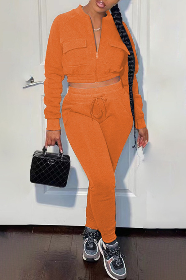 Orange Fashion Casual Solid Basic Zipper Collar Long Sleeve Two Pieces