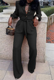 Blue Fashion Casual Solid Basic Turndown Collar Regular Jumpsuits