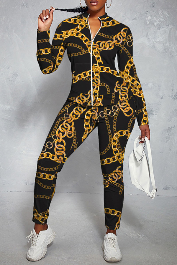 Black Casual Sportswear Print Patchwork Zipper Long Sleeve Two Pieces