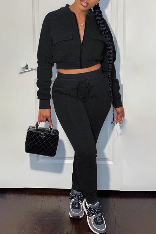 Black Fashion Casual Solid Basic Zipper Collar Long Sleeve Two Pieces
