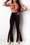 Watermelon Red Casual Solid Patchwork Slit Boot Cut High Waist Speaker Solid Color Bottoms