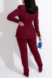 Tangerine Red Casual Work Solid Split Joint Turn-back Collar Long Sleeve Two Pieces