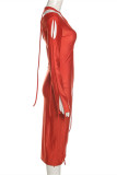 Orange Fashion Sexy Solid Hollowed Out Asymmetrical O Neck Long Sleeve Dresses