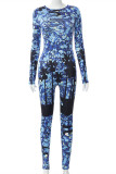 Blue Fashion Casual Print Basic O Neck Long Sleeve Skinny Jumpsuits (Without Belt)