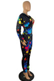 Multicolor Fashion Casual Print Zipper Hooded Collar Long Sleeve Two Pieces