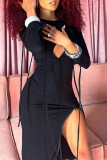 Orange Fashion Sexy Solid Hollowed Out Asymmetrical O Neck Long Sleeve Dresses