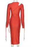 Orange Fashion Sexy Solid Hollowed Out Asymmetrical O Neck Long Sleeve Dresses
