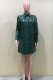 Ink Green Fashion Casual Solid Basic Turndown Collar Shirt Dress