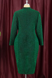 Green Fashion Casual Solid Basic Half A Turtleneck Long Sleeve Plus Size Dresses
