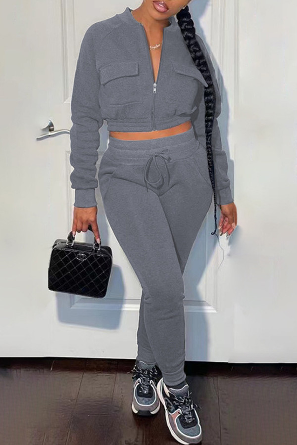 Grey Fashion Casual Solid Basic Zipper Collar Long Sleeve Two Pieces