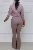 Coffee Casual Solid Patchwork Zipper Long Sleeve Two Pieces