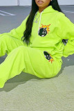 Fluorescent Green Casual Print Patchwork Hooded Collar Long Sleeve Two Pieces