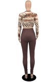 Dark Brown Sexy Print Split Joint O Neck Long Sleeve Two Pieces