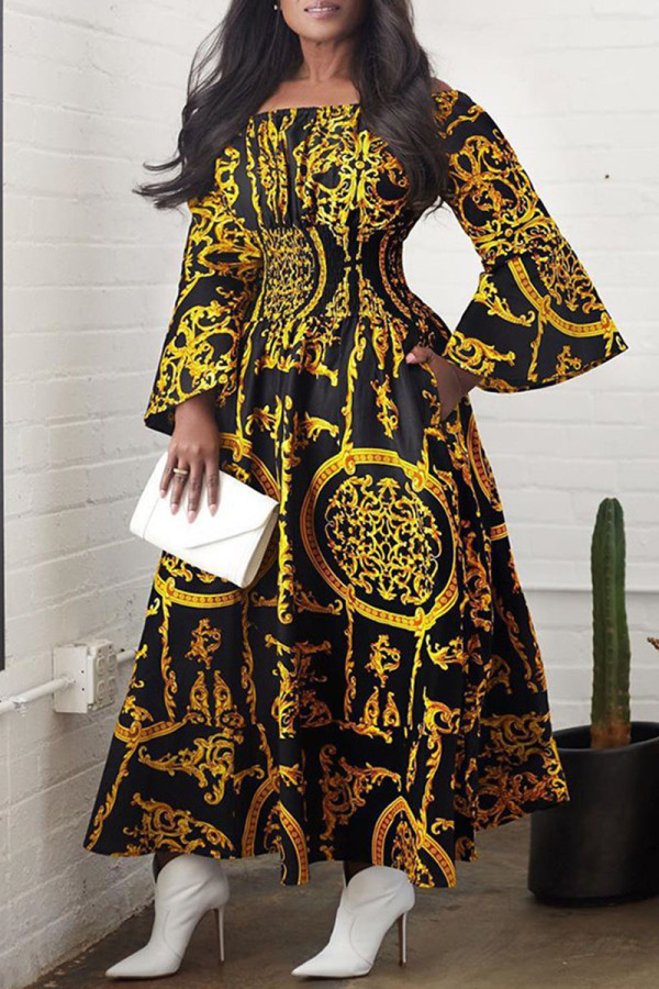 Khaki Elegant Print Patchwork Off the Shoulder A Line Dresses