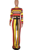 Red Casual Striped Print Split Joint O Neck Long Sleeve Two Pieces