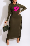 Green Casual Print Tassel Patchwork O Neck One Step Skirt Dresses