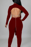 Black Sexy Solid Patchwork Chains Backless O Neck Long Sleeve Two Pieces