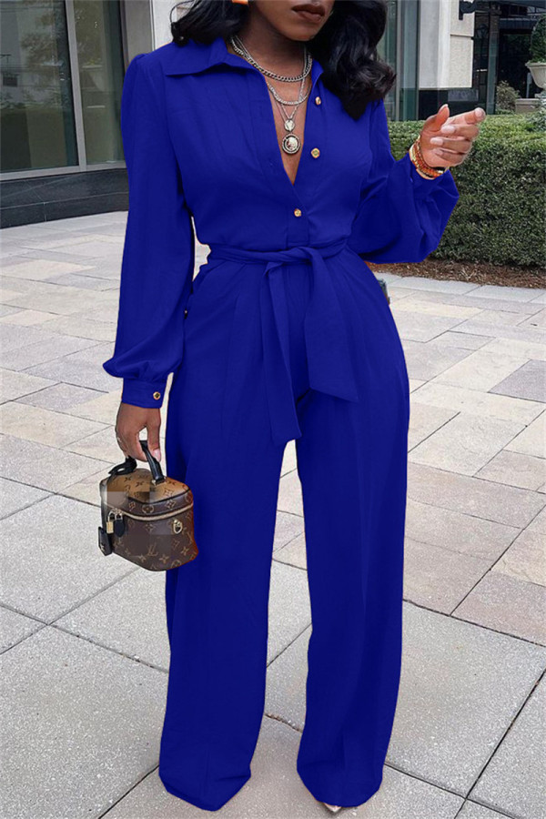 Blue Fashion Casual Solid Basic Turndown Collar Regular Jumpsuits