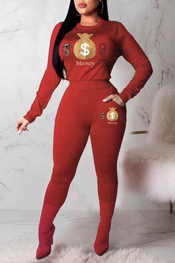 Red Casual Print Patchwork O Neck Long Sleeve Two Pieces