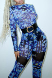 Blue Fashion Casual Print Basic O Neck Long Sleeve Skinny Jumpsuits (Without Belt)