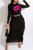 Green Casual Print Tassel Patchwork O Neck One Step Skirt Dresses