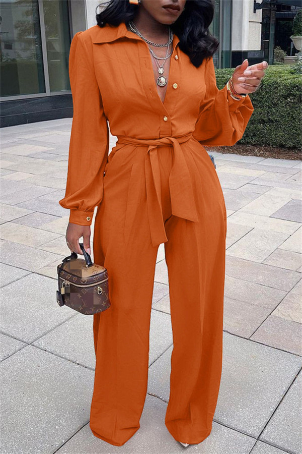 Orange Fashion Casual Solid Basic Turndown Collar Regular Jumpsuits
