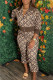 Brown Fashion Street Print Patchwork Turndown Collar Long Sleeve Two Pieces