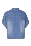 Blue Street Solid Patchwork Buckle Asymmetrical Turndown Collar Short Sleeve Loose Denim Jacket