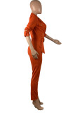 Orange Fashion Casual Solid Pocket With Belt Turndown Collar Regular Jumpsuits