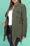 Army Green Fashion Casual Solid Ripped Turndown Collar Long Sleeve Regular Denim Jacket