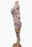 Multicolor Fashion Casual Print Basic Turtleneck Long Sleeve Two Pieces